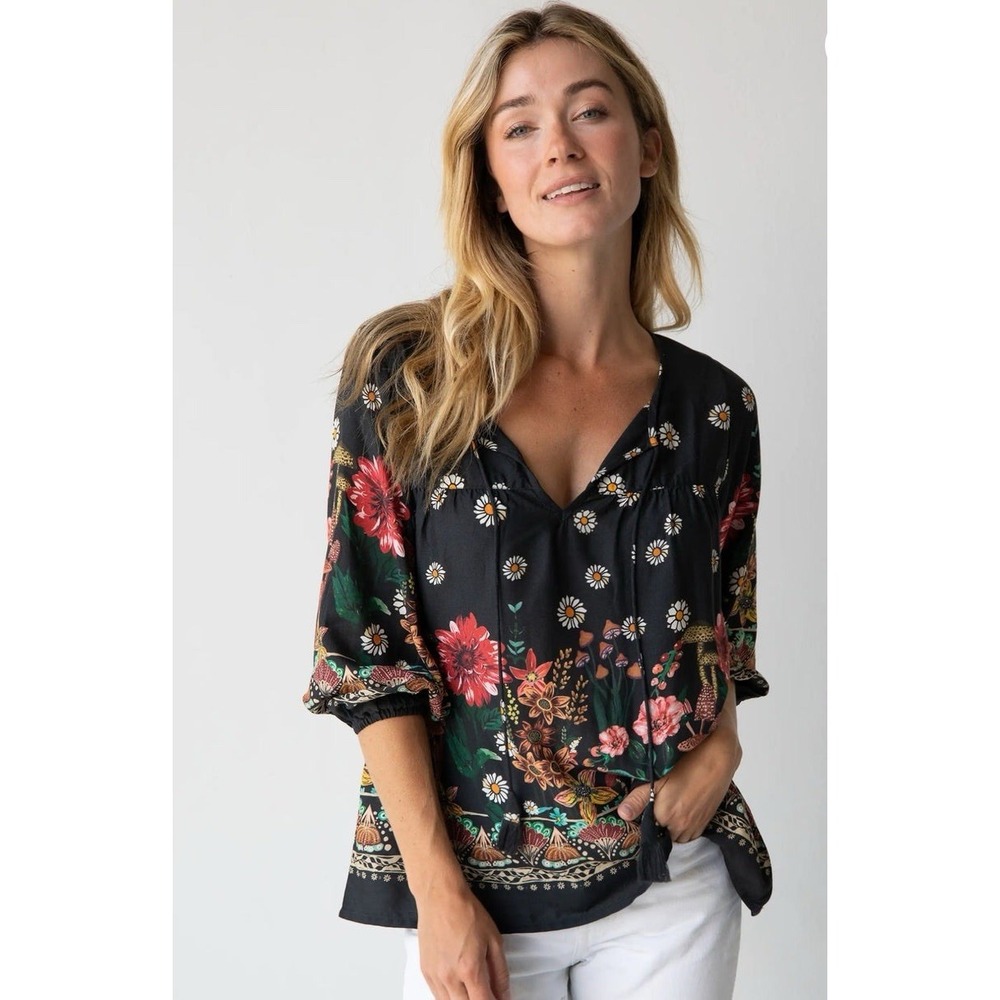 Natural Life Top Womens XL Maribel Mushroom Print Hippie Boho Black Floral
